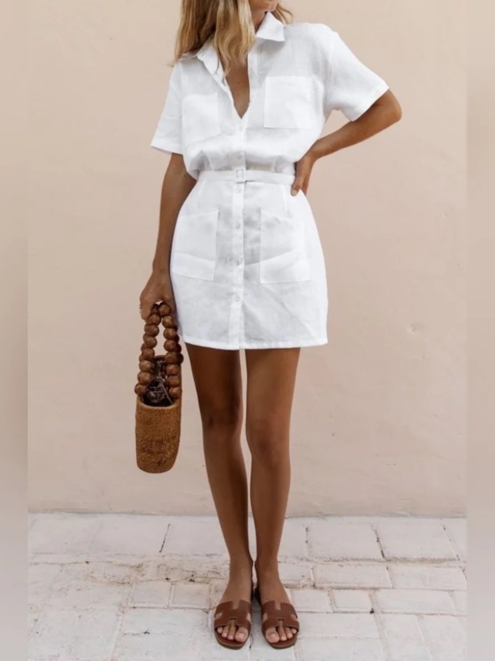 Posse White Linen Belted Mini Dress